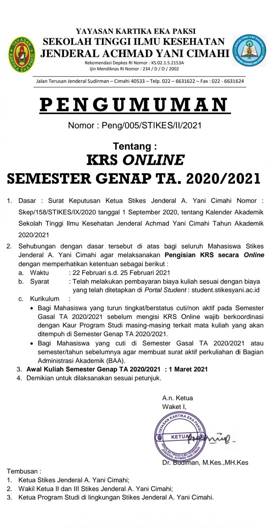 Pengumuman KRS Online Genap 2021